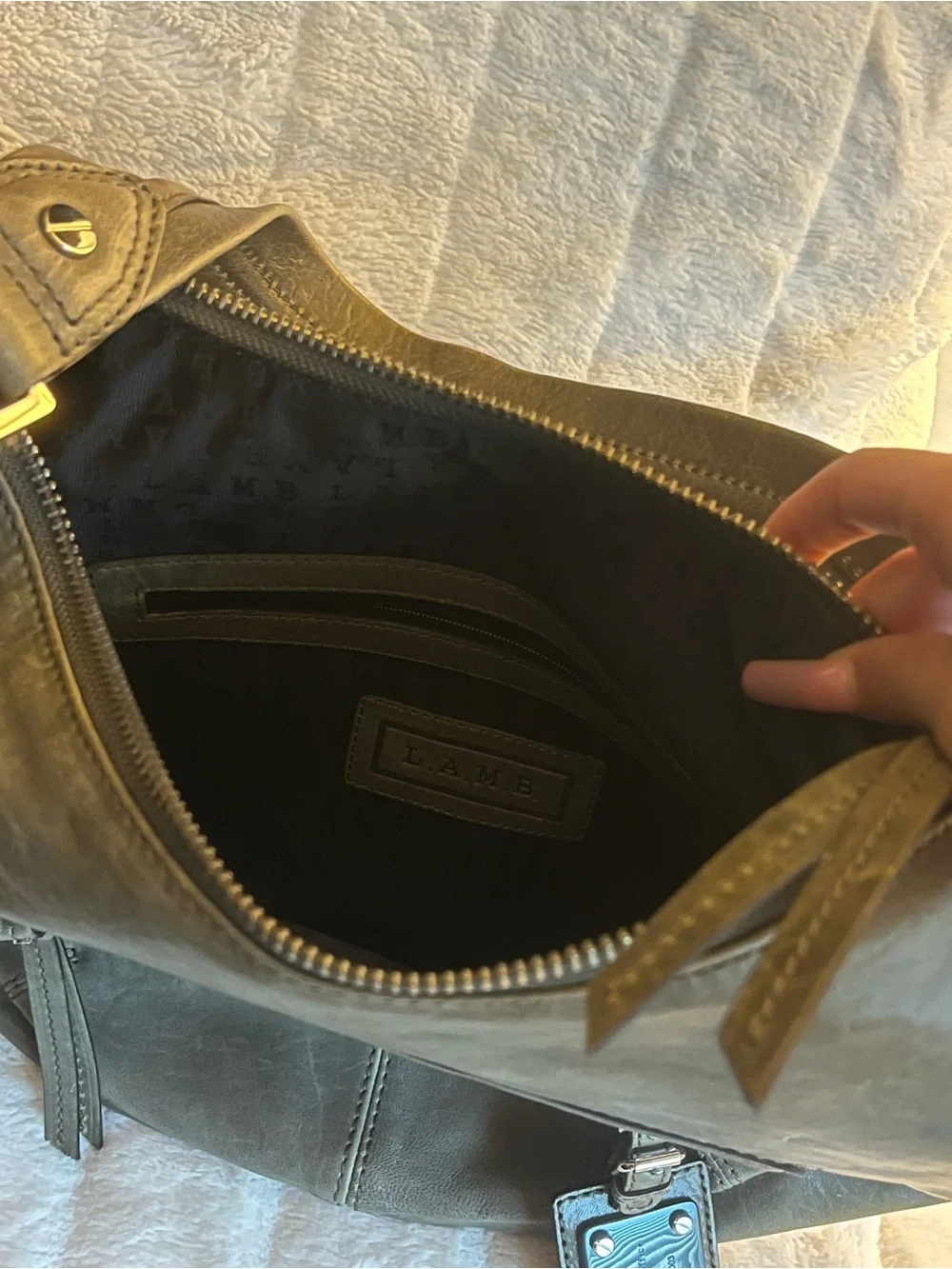 L.A.M.B. Black Leather Hobo Shoulder Bag with Front Zip Pocket
